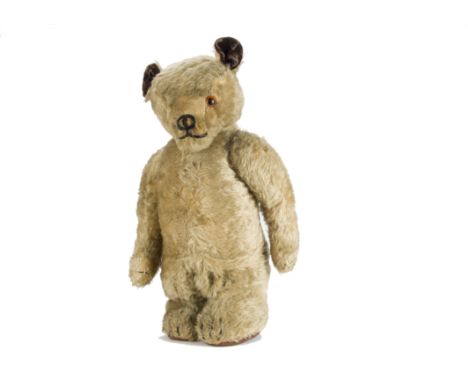 A rare Lefray standing teddy bear 1950s, with one orange and black plastic eye, golden mohair, pronounced square muzzle, blac