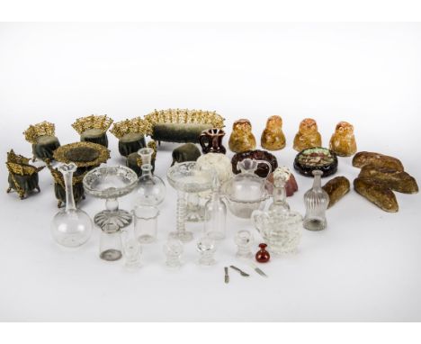 Dolls’ house glass ware and other items: some good blown glass including a wash jug and basin, three decanters and a candlest