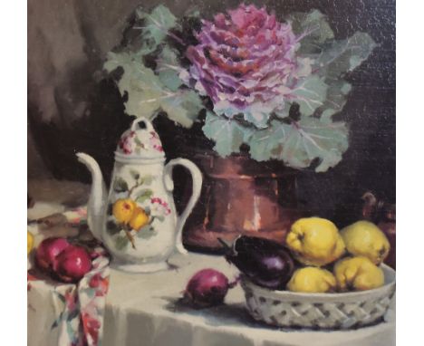 20th Century School, oil on board, An interior still life depicting various fruits, a lidded coffee pot, a copper planter and