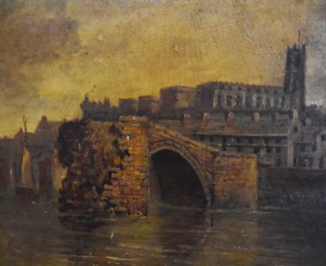 20th Century, British, an oil on board, A romanticised city landscape depicting a ruined stone arched bridge in the foregroun