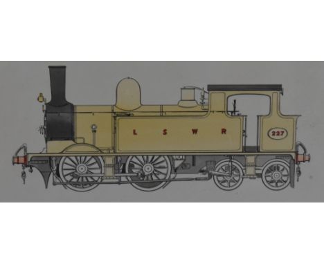 A carriage style framed Pen &amp; Ink Watercolour by R Johnson, 0-4-4 LSWR 227 Locomotive in yellow livery, 44cm x 26cm