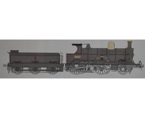 A carriage style framed Pen &amp; Ink Watercolour by R Johnson, 2-4-0 Adriatic 1309 Loco &amp; Tender in grey livery, 63cm x 