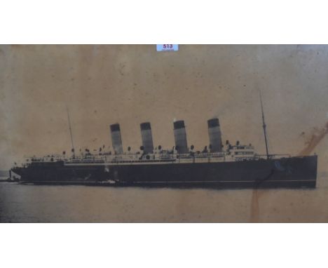 20th Century, a sepia tone photographic print, A Cunard Liner at sea, H.L. &amp; Co. L to the lower left, displayed within a 