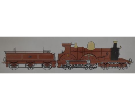 A carriage style framed Pen &amp; Ink Watercolour R Johnson, 4-4-0 Gooch 8 Loco &amp; Tender in red livery, 63cm x 27cm