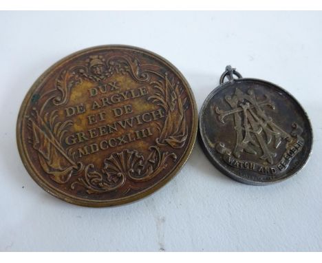 Late Victorian army temperance association medallion 1893 'watch and be sober' together with a Johann Campbell Greenwhich med