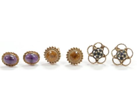 A pair of 9ct gold amethyst ear studs, a sapphire pair and a citrine pair, 4.5gm 