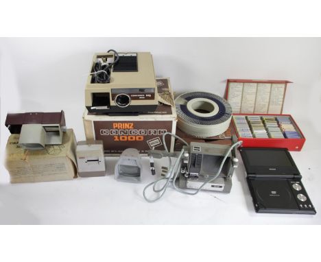 A Prinz Concord 1000 slide film projector, together with matching slide magazine, together with slides, Hanimex table top vie