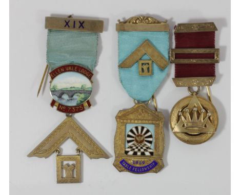 Three silver gilt and enamel Masonic Lodge medals, 87gm, cases, Ellen Vale Lodge, no.7375, Birmingham 1971, Table Fellowship,