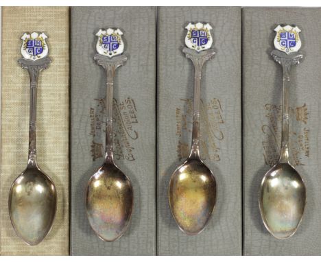 Four silver and enamel golf spoons, Birmingham 1926, for Sand Moor Golf Club, Leeds, each box with hand written inscription, 