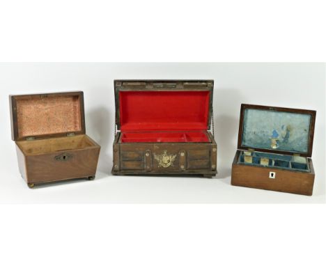 A Victorian mahogany tea caddy Circa late 1800's of sarcophagus form, with satinwood stringing on bun feet - W: 19cm; H: 13cm