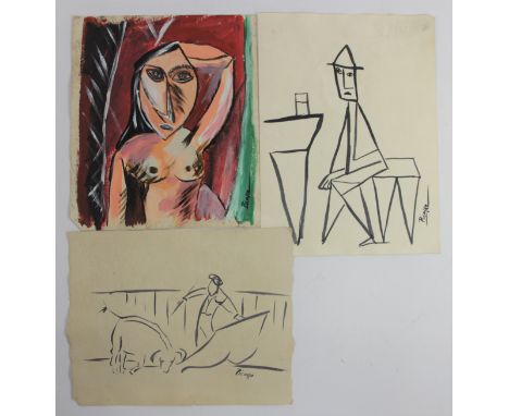 After Pablo Picasso (1881-1973) nude study of a woman, oil on cardboard, signed lower right. 18x21cm, together two pen & ink 