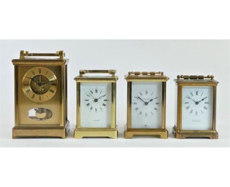 Four manual wind carriage clocks, brass cased to include a Bayard, made in France, painted enamel dial, blued hands, Roman nu