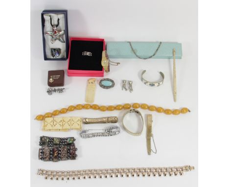 A cut steel mounted key brooch, a 9ct gold and opal pendant, and a quantity of costume jewellery 