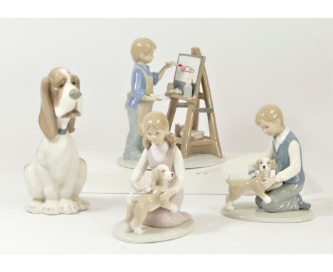 A Nao by Lladro Basset Hound figurine 19cm together with three The Leonardo collection figurines to include, Girl brushing Do