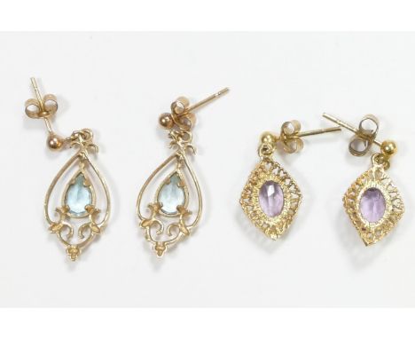 A 9ct gold pair of amethyst ear rings and a topaz pair, 3.2gm 