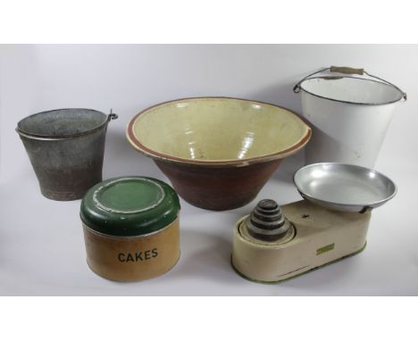 A collection of enamel homewares to include a bread bin, a set of four confectionary tins, water bucket together with a set o