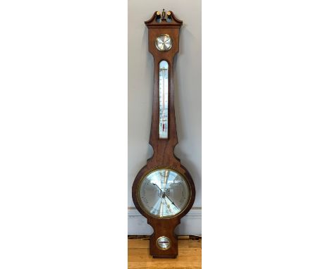 A Comitti of London, wall hanging banjo shape barometer, thermometer and hydrometer, 96cm, together with a solid oak tilt top