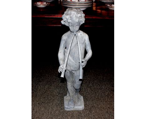A 19th Century lead garden water feature in the form of a cherub playing Pan pipes, 83cm high