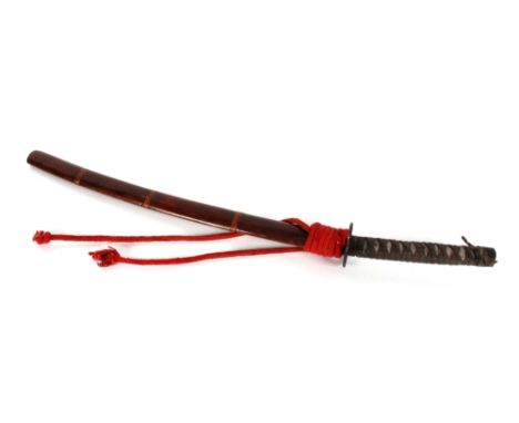 A Japanese sword with pierced Tsuba, shagreen bound grip contained in wooden scabbard, 89cm long overall