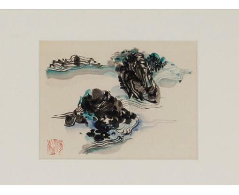 20th Century Chinese school, watercolour study of a river scene, signed bottom left with a seal mark, 11.5cm x 14cm