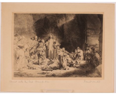 After Rembrandt pencil signed print 'Christ with the sick around him' bears signature to mount. 18cm by 24cm