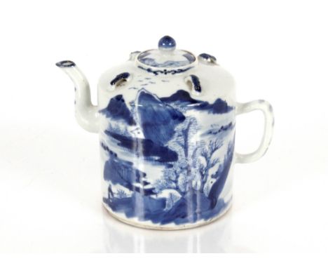 Four pieces of 19th Century Chinese blue and white porcelain, to include a wine pot, two spoons and a small saucer dish, the 