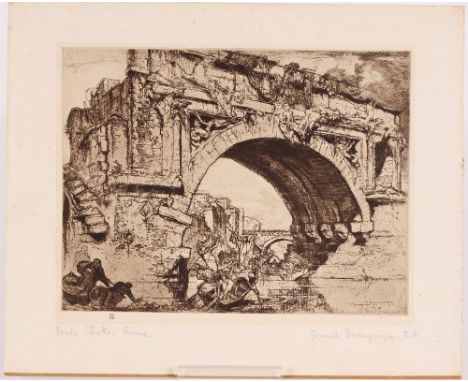 Frank Brangwyn RA pencil signed etching 'Ponte Rotto Rome' 18cm by 23cm