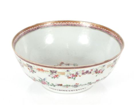 A Chinese famille rose bowl, 29cm dia.; and a Chinese kidney shaped pedestal dish decorated brightly coloured enamels and sea