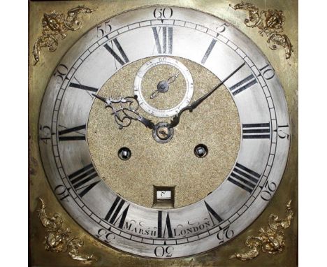 A Marsh of London burr elm long case clock, brass and steel dial, 8 day movement, full length trunk panel door with circular 