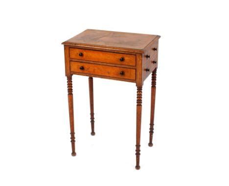 A Victorian light oak two drawer worktable, raised on ring turned tapering supports and flanked by dummy drawers, 49cm wide x