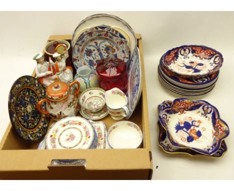 Pair 19th century Chinese export plates, Paragon part teaware, Staffordshire flatback group, cranberry lidded jar, Victorian 