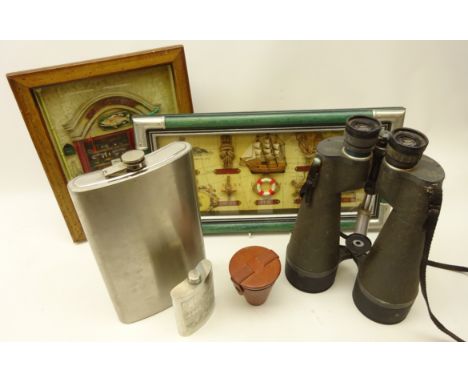 Pair Swift Observation 20 x 80 binoculars, pewter hip flask, large stainless steel hip flask, nautical framed display and ano