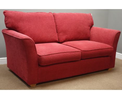 Two seat metal action sofa bed upholstered in claret fabric, W177cm, D93cm Condition Report Click here for further images, co