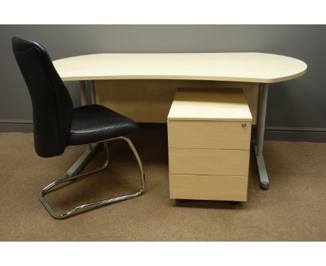 Light wood office desk with kidney shaped top (W175cm, H74cm, D95cm), matching three drawer pedestal (W44cm, H57cm, D62cm), a