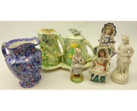 Radford 'Butterfly ware' jug and teapot on stand, Ringtons jug & four French bisque figures (6) Condition Report Click here f