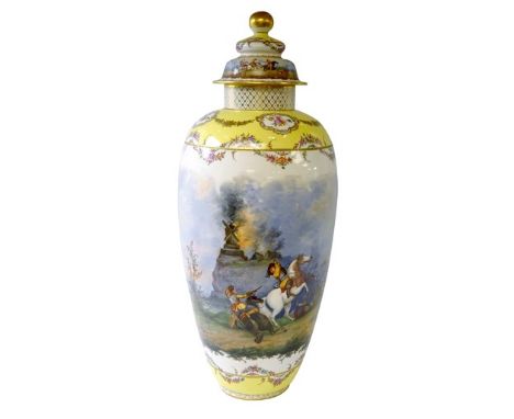 Berlin (K.P.M) porcelain floor vase and cover, c1900, the ovoid body hand painted with a Skirmish scene below a burning windm