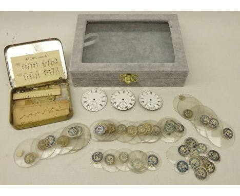 Quantity of 'new old stock' pocket watch replacement glass domes, most with original labels, various sizes, three enamel pock