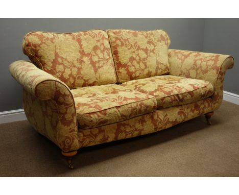 Three seat traditional style sofa upholstered in red and gold fabric, W200cm, D95cm Condition Report Click here for further i