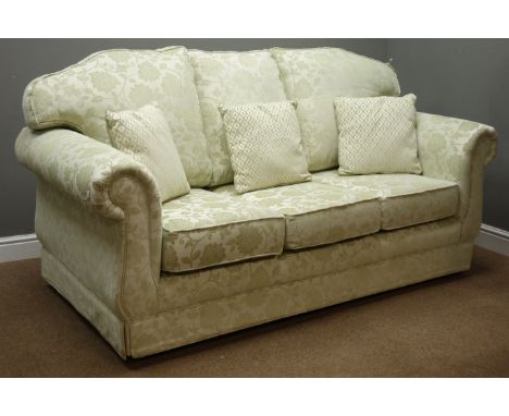 Three piece lounge suite - three seat sofa (W190cm, D93cm), pair matching armchairs (W104cm), upholstered in pale green flora