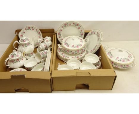 Matched part tea and dinner service, decorated with roses & gilt borders on plain ground in two boxes Condition Report Click 