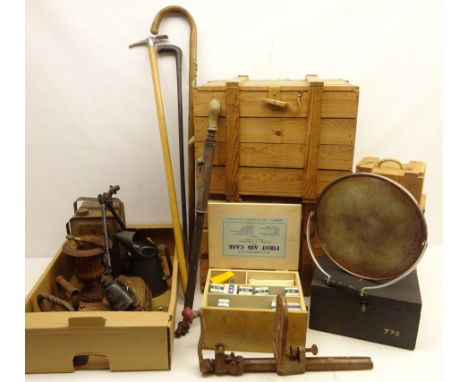 Early 20th century enamel engineers lamp, oil measure, Esso Bleu Paraffin can, two pulley hooks, brass horseshoe perpetual ca