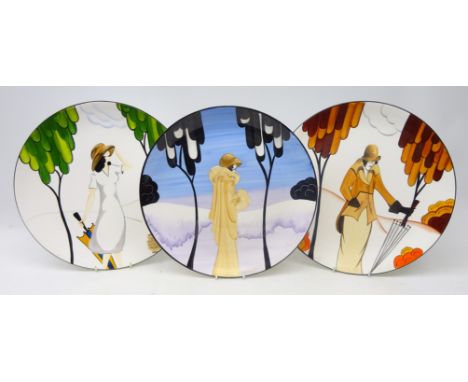 Three Art Deco style Brian Wood large ceramic Ltd.ed plates 'Seasons' hand painted by Amelia Hulse & L Oakley, Nos. 83,84 & 9