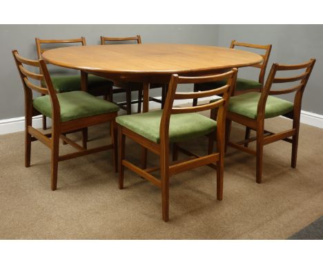 Mid 20th Century oval Teak dining table with folding leaf, W175cm, 121cm & six ladder back chairs (7) Condition Report Click 