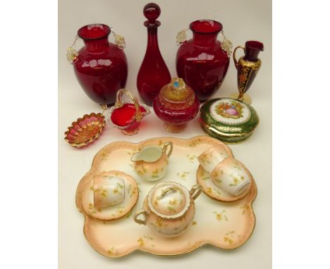 Pair Ruby glass vases, the handles moulded as grape vines, Italian glass jar & cover with gold fleck inclusions, Venetian gla