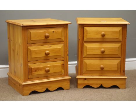 Pair of pine three drawer bedside lamp tables, with turned wooden handles, W44, H57cm, D41cm (2) Condition Report Click here 