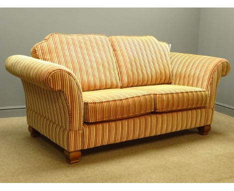 Two seat sofa upholstered in red and gold stripe fabric, W188cm, D96cm - 18 months old Condition Report Click here for furthe