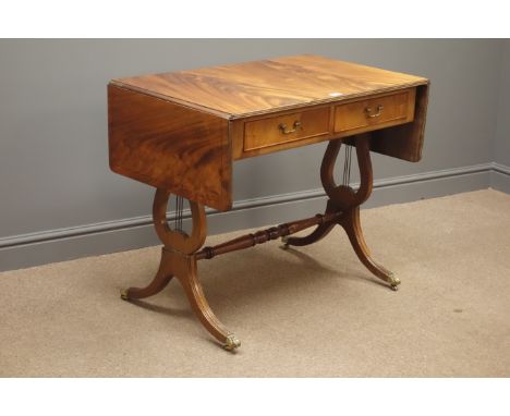 Reproduction mahogany drop leaf sofa table on lyre shaped supports, 91cm x 55cm, H74cm Condition Report Click here for furthe