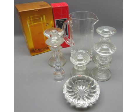 Iittala glass 'Gaissa' water jug, boxed, four Festivo' type candlesticks, 'Aurora' candlestick, boxed & small dish (7) Condit