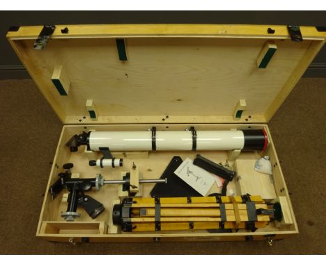 Russian TAL-100R telescope, white enamel body with two eyepieces and adjustable wooden tripod stand in original fitted wooden