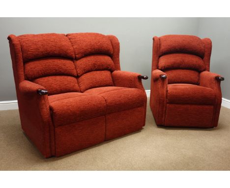 Two seat sofa (W125cm), and matching wingback armchair (W80cm), upholstered in red chenille fabric, Condition Report Click he